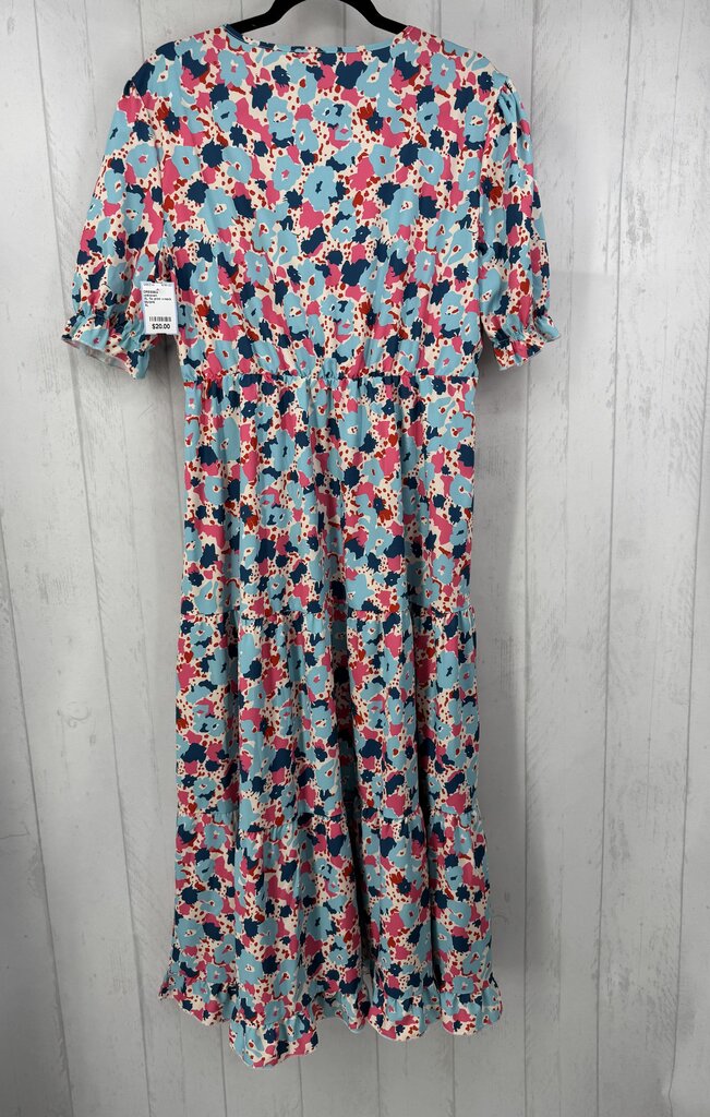XL flo print v-neck button front elbow slv dress