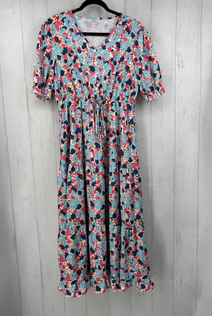XL flo print v-neck button front elbow slv dress