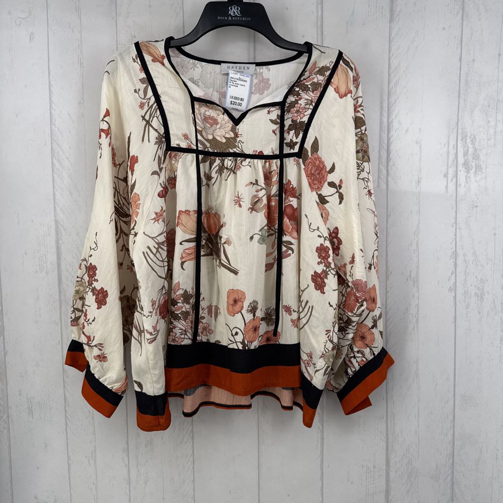 M flo print notch neck 3/4 slv top