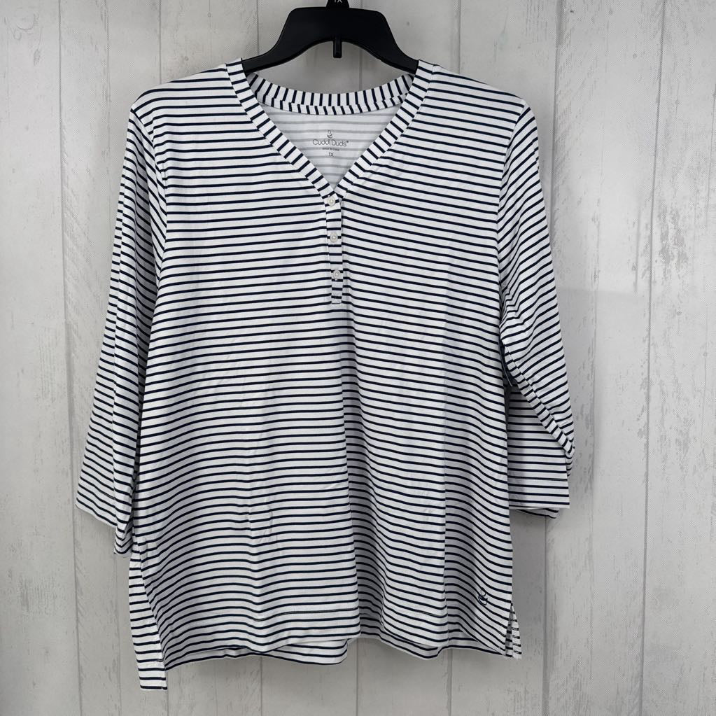 1X striped button front 3/4 slv tee