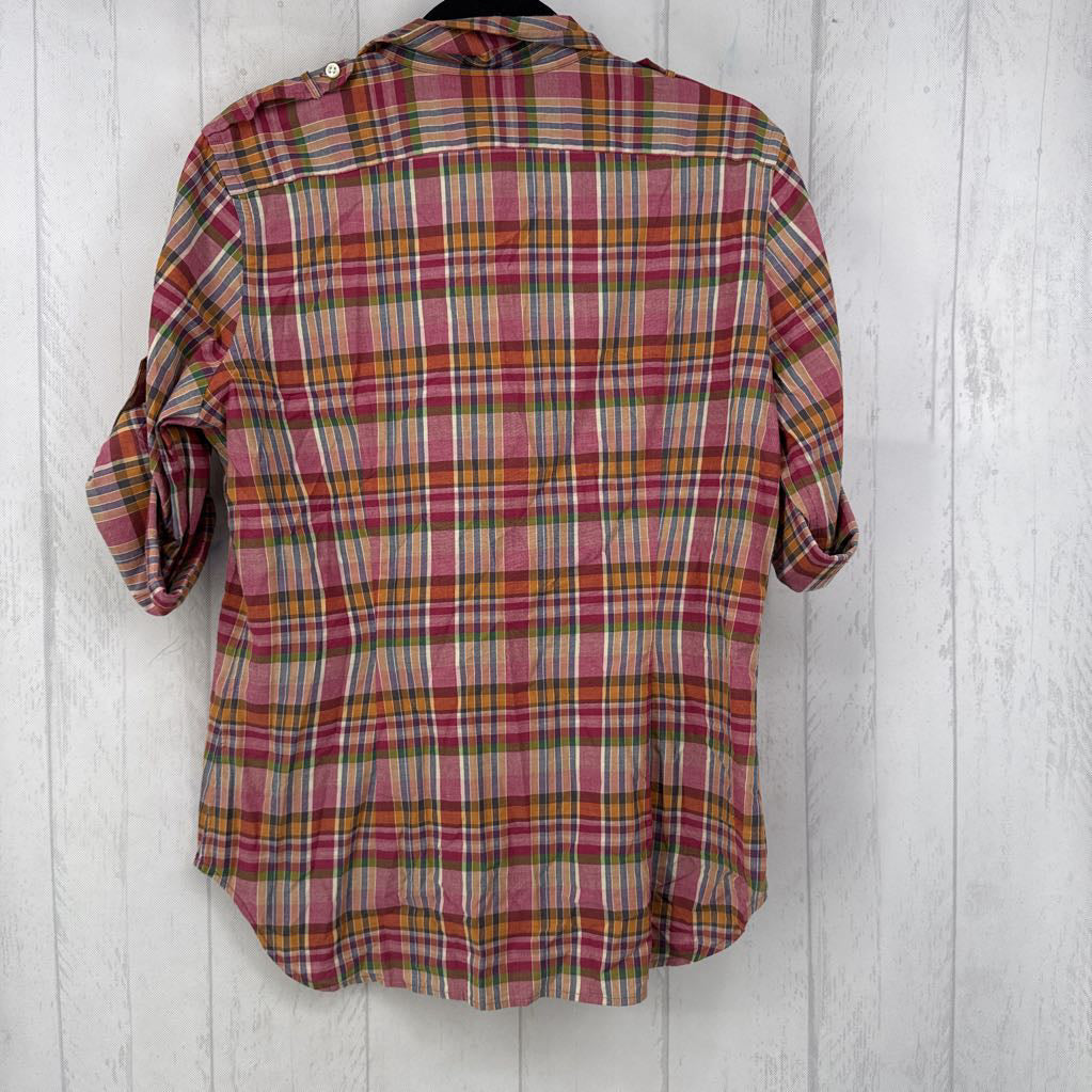 14 plaid button down tab slv top