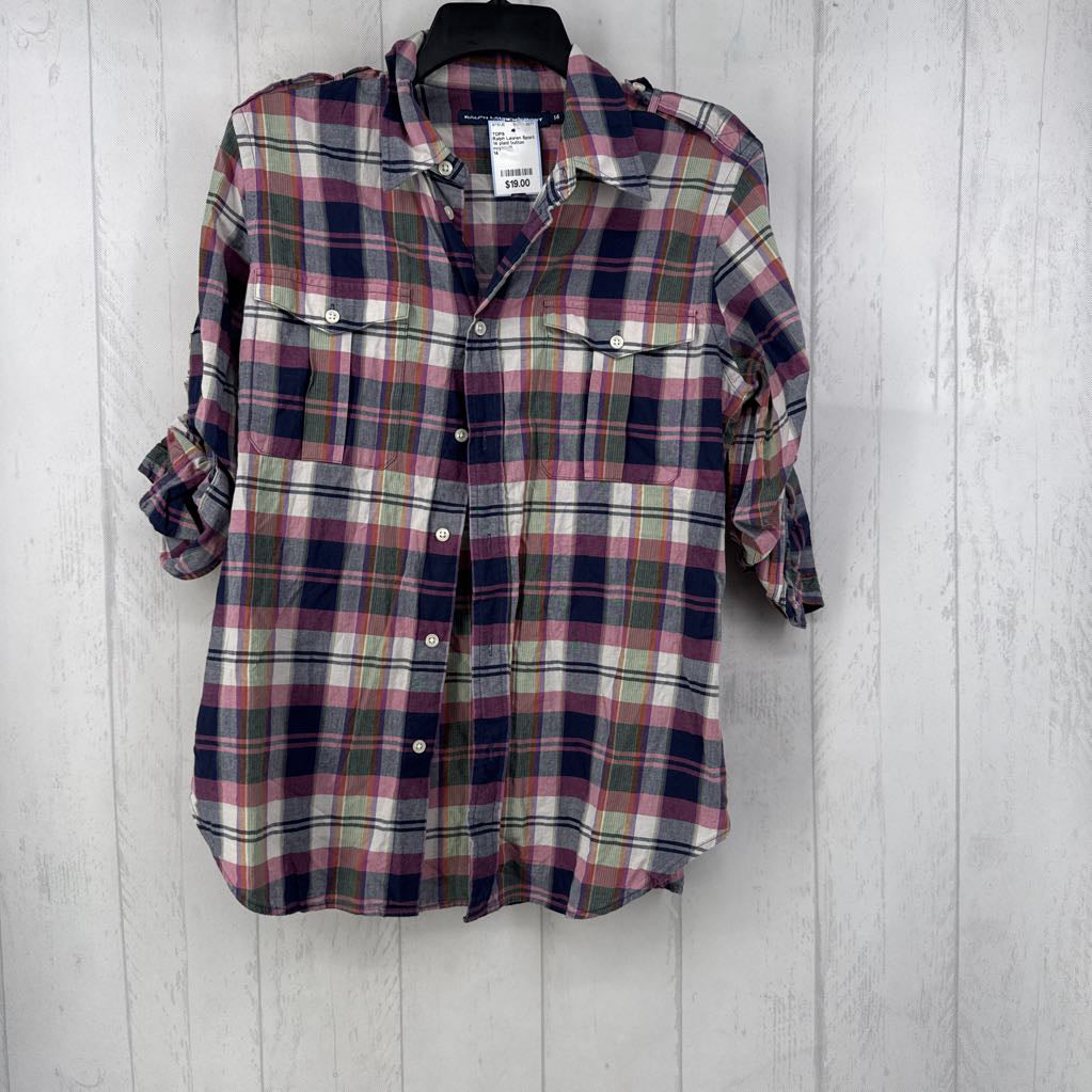 14 plaid button down tab slv top