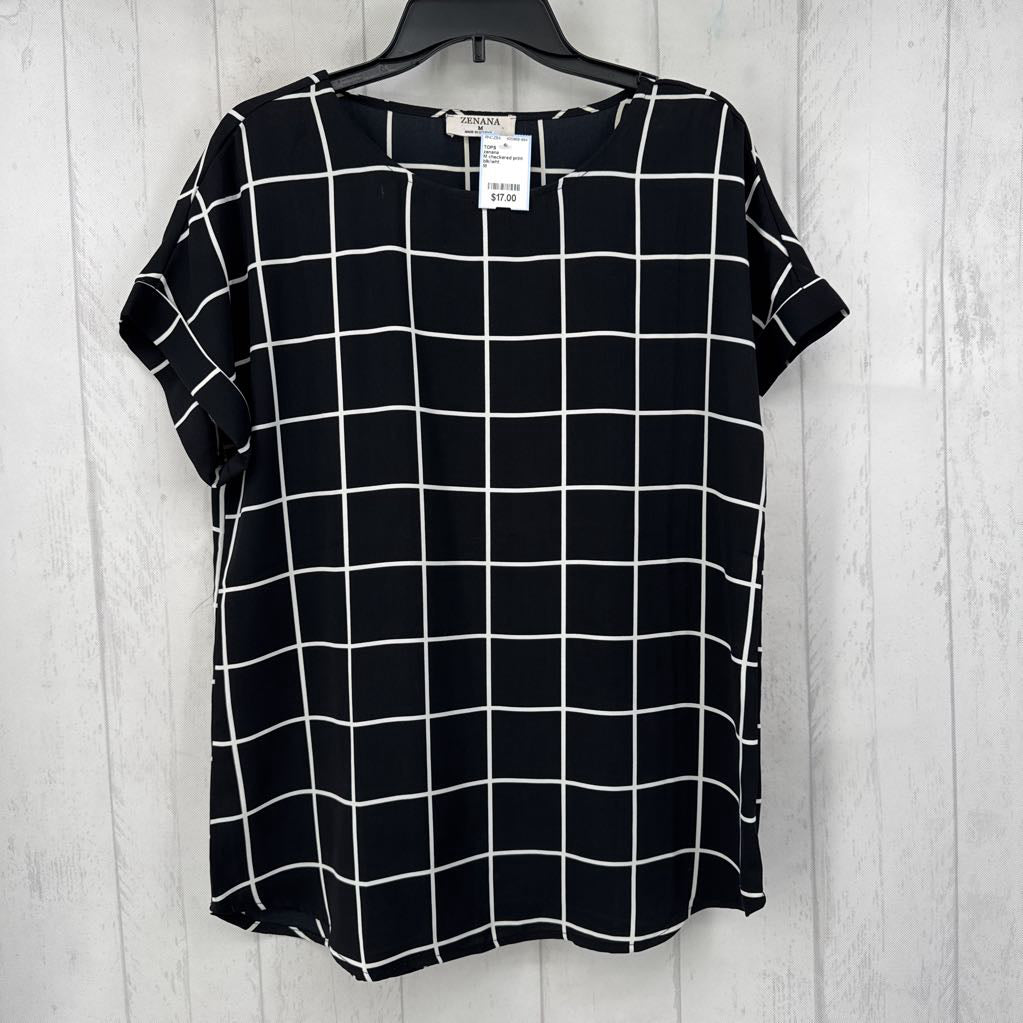 M checkered print s/s top