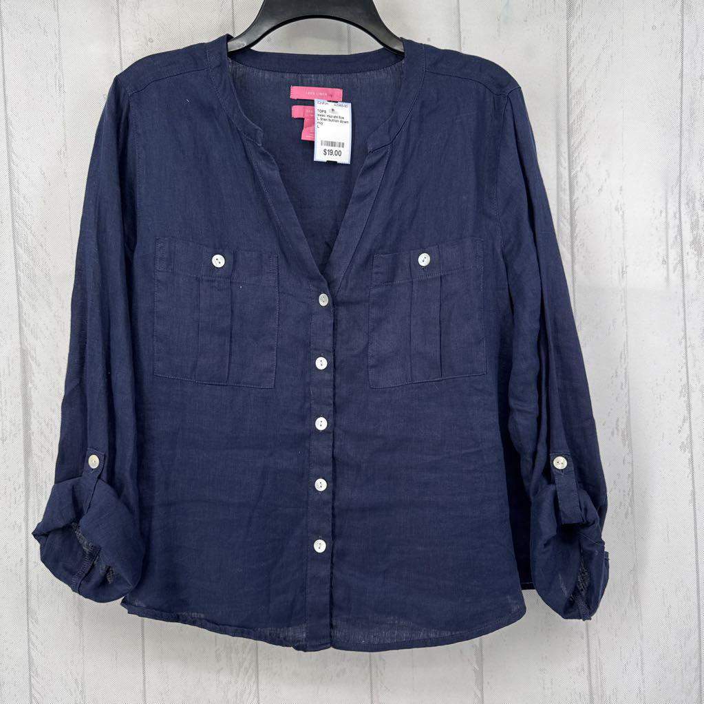 L linen button down tab slv top