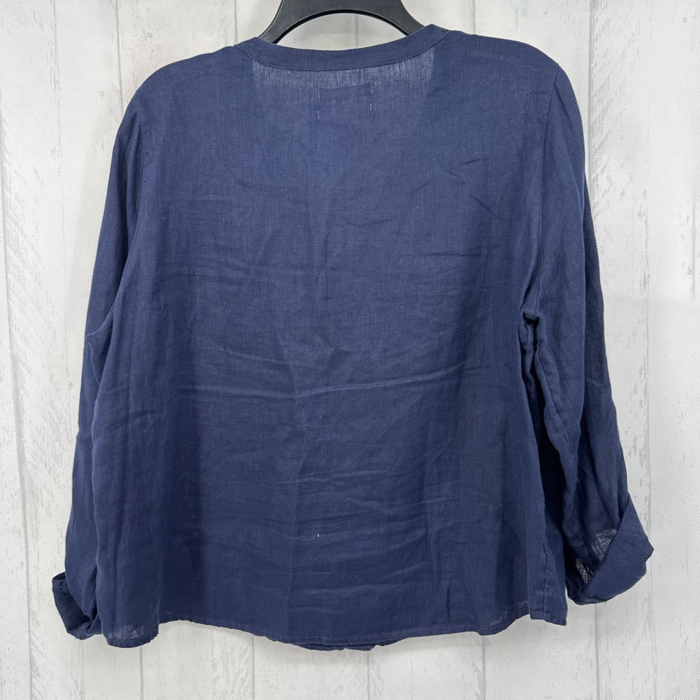L linen button down tab slv top