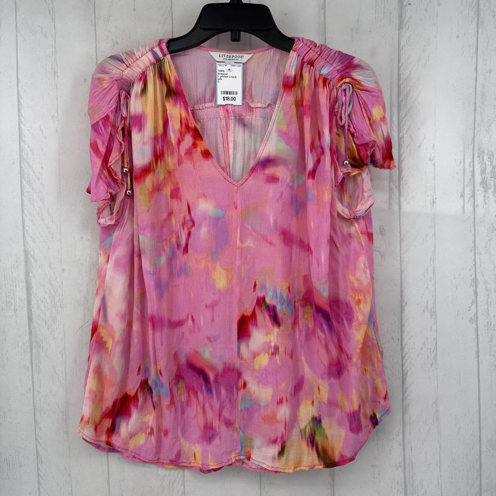 L printed v-neck cinched slv top s/s