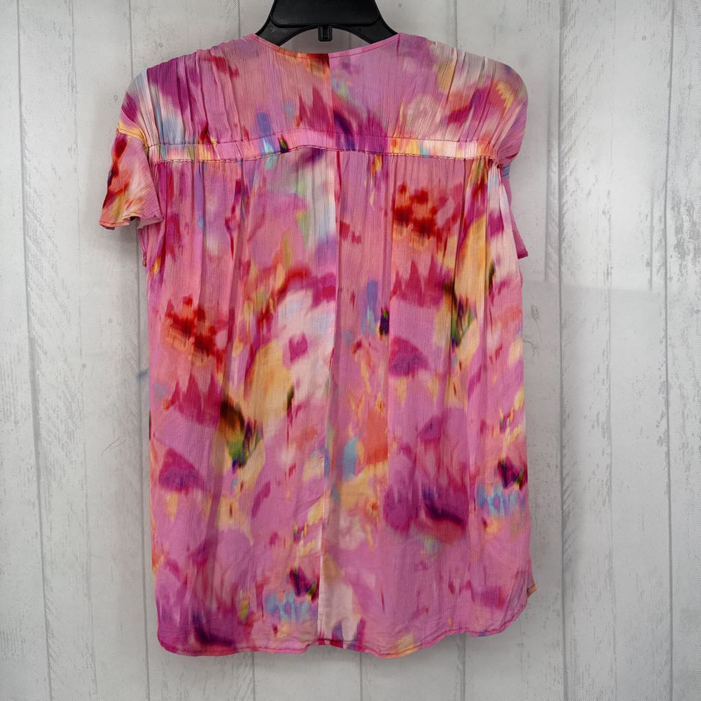 L printed v-neck cinched slv top s/s