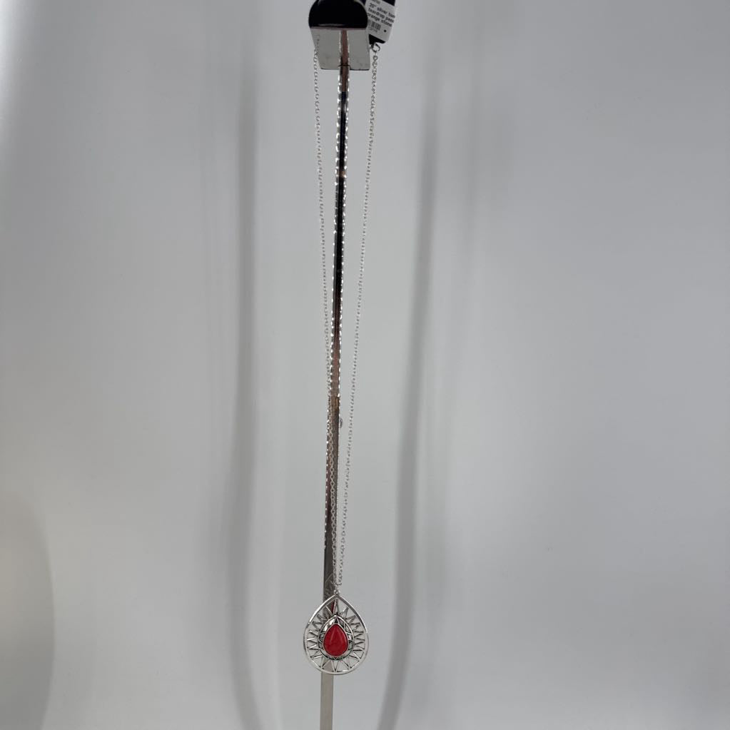 20" silver tone teardrop pendant w/ orange stone necklace
