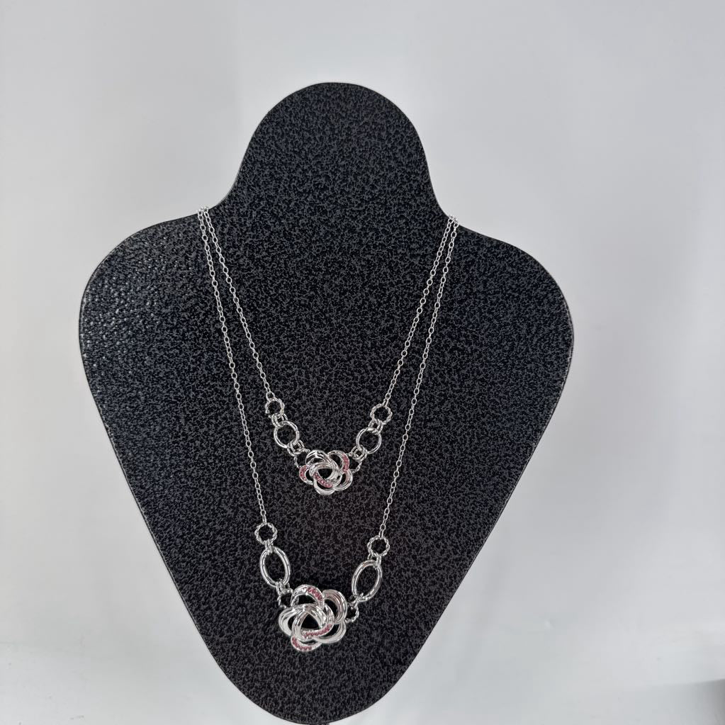 10" silver tone pnk cz flower necklace