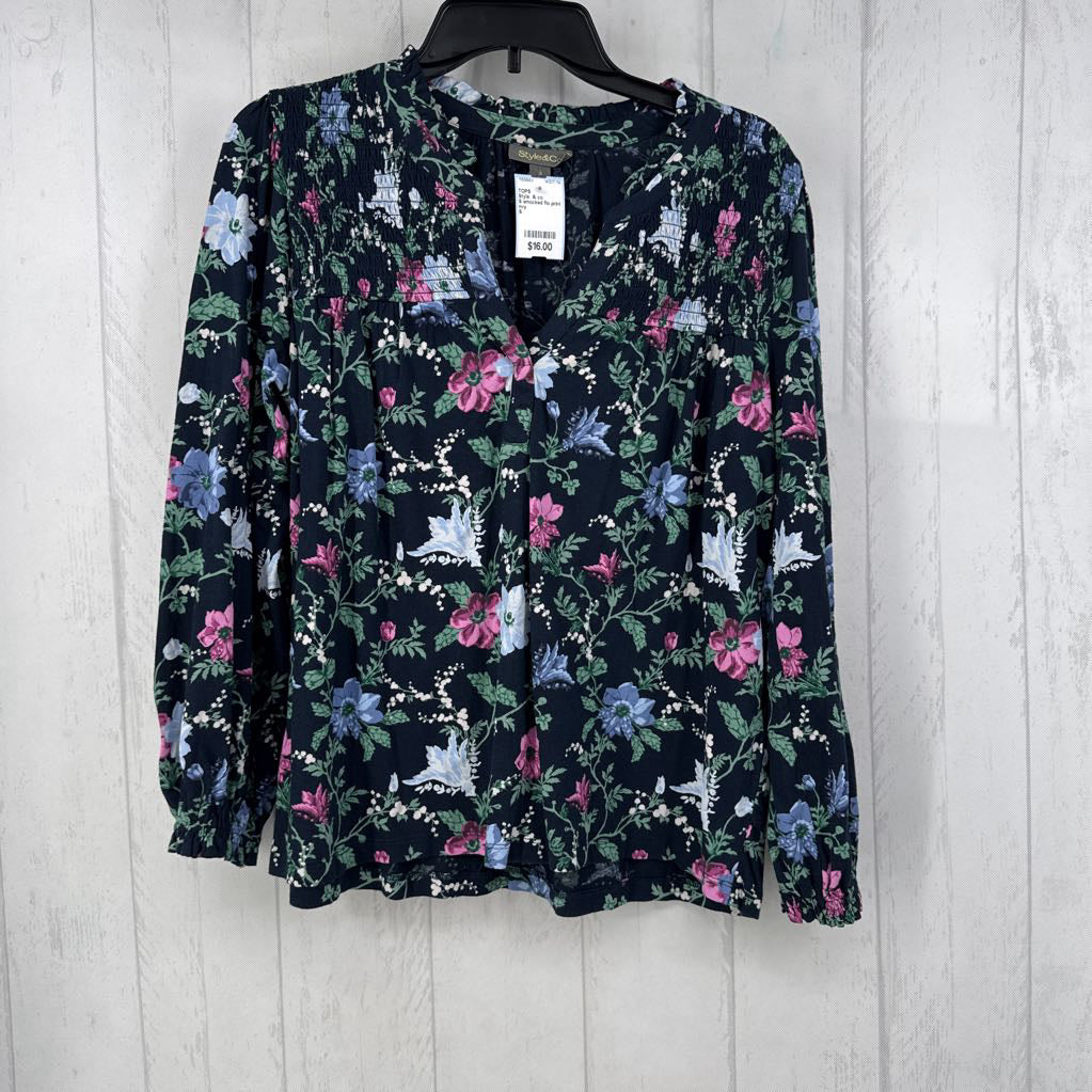 S smocked flo print l/s top