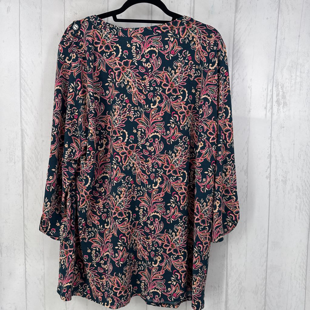 2X paisley print split neck 3/4 slv top