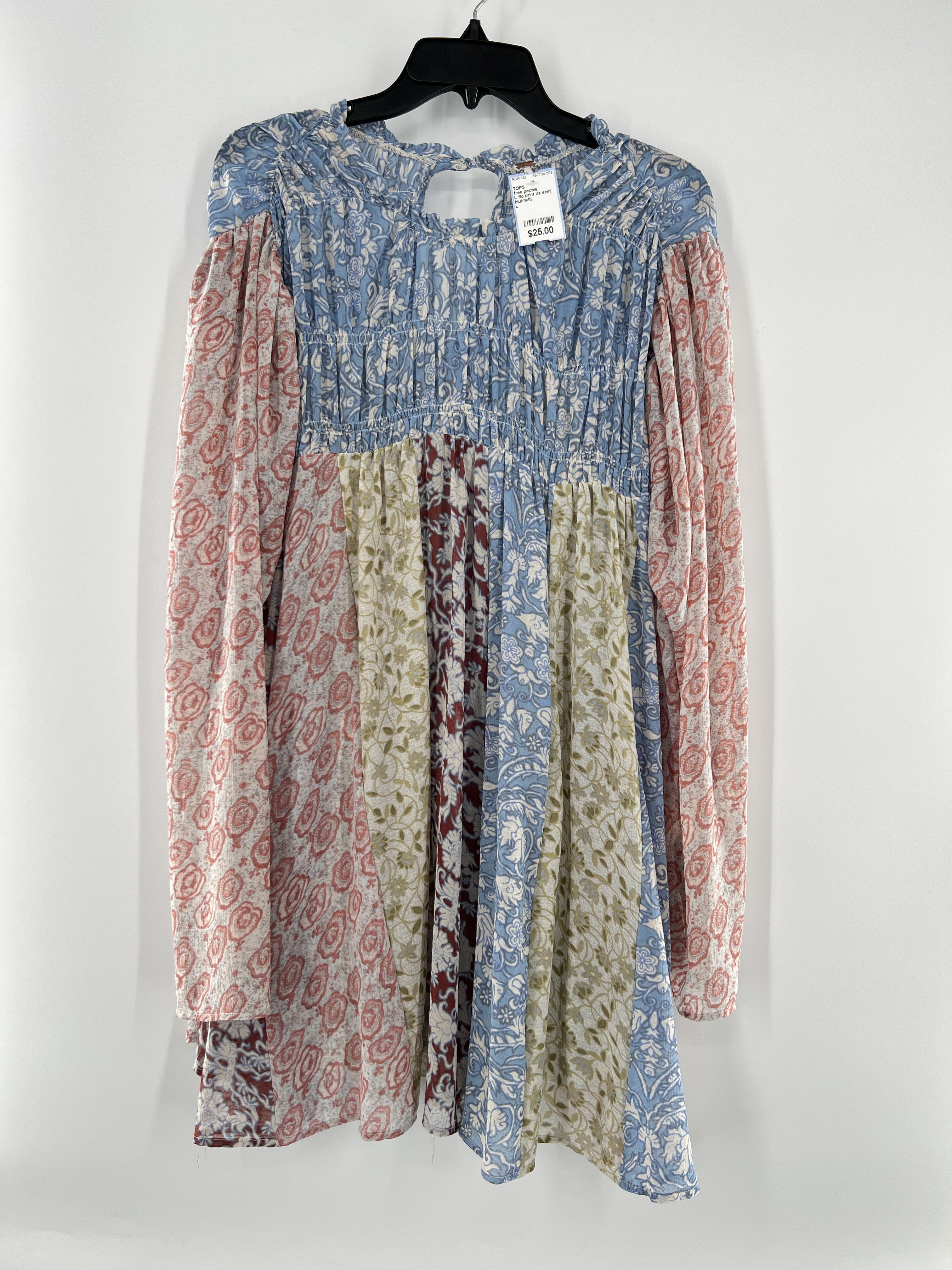 L flo print l/s semi sheer babydoll top