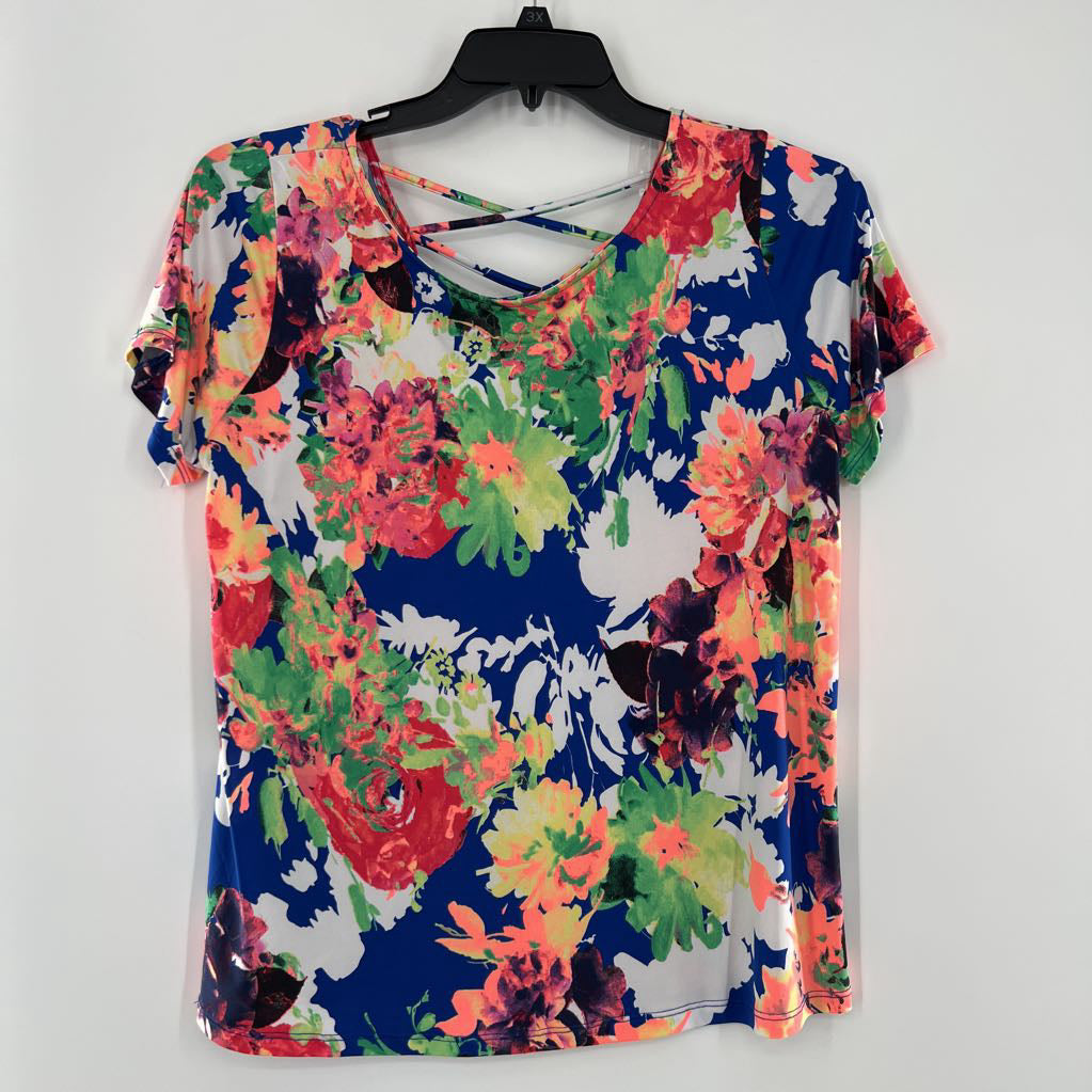 M flo print criss-cross back s/s top