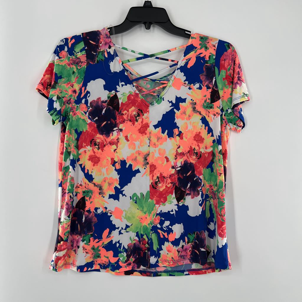 M flo print criss-cross back s/s top