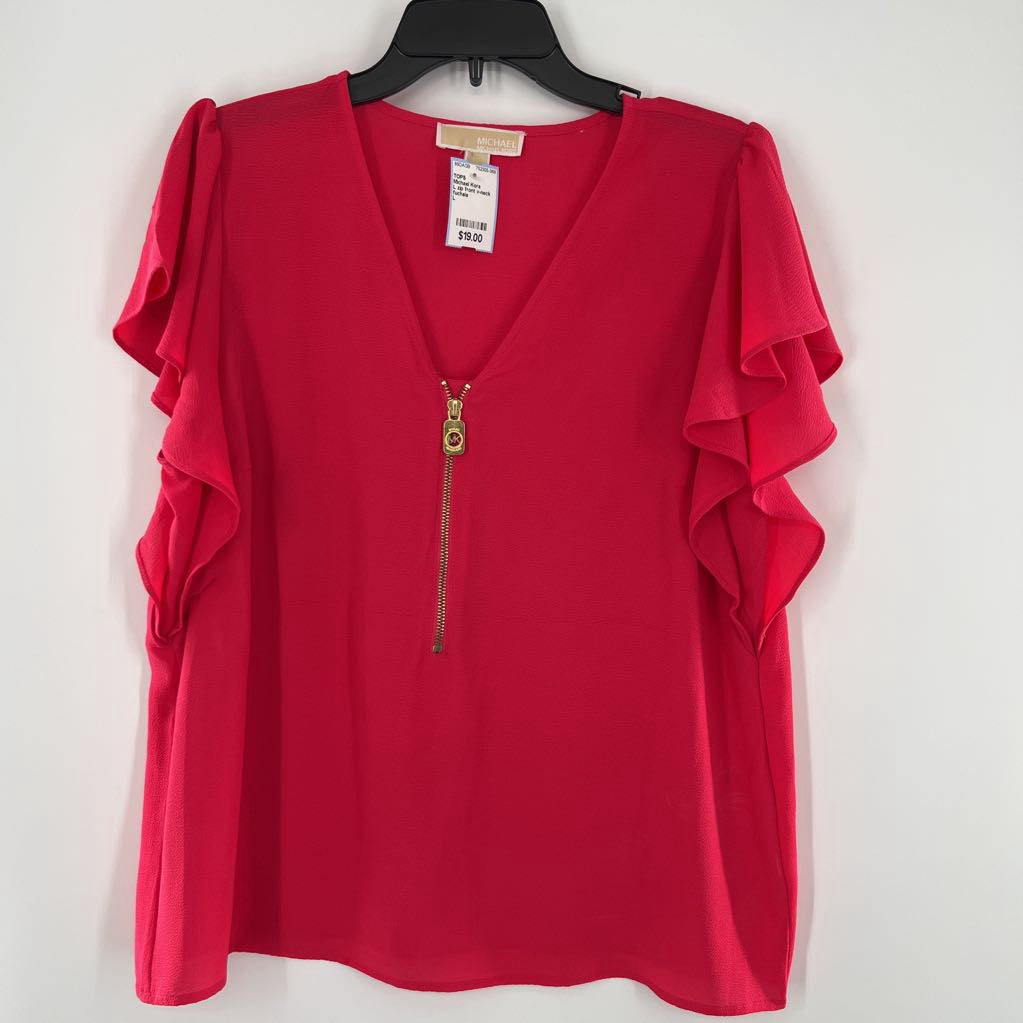L zip front v-neck flutter slv top