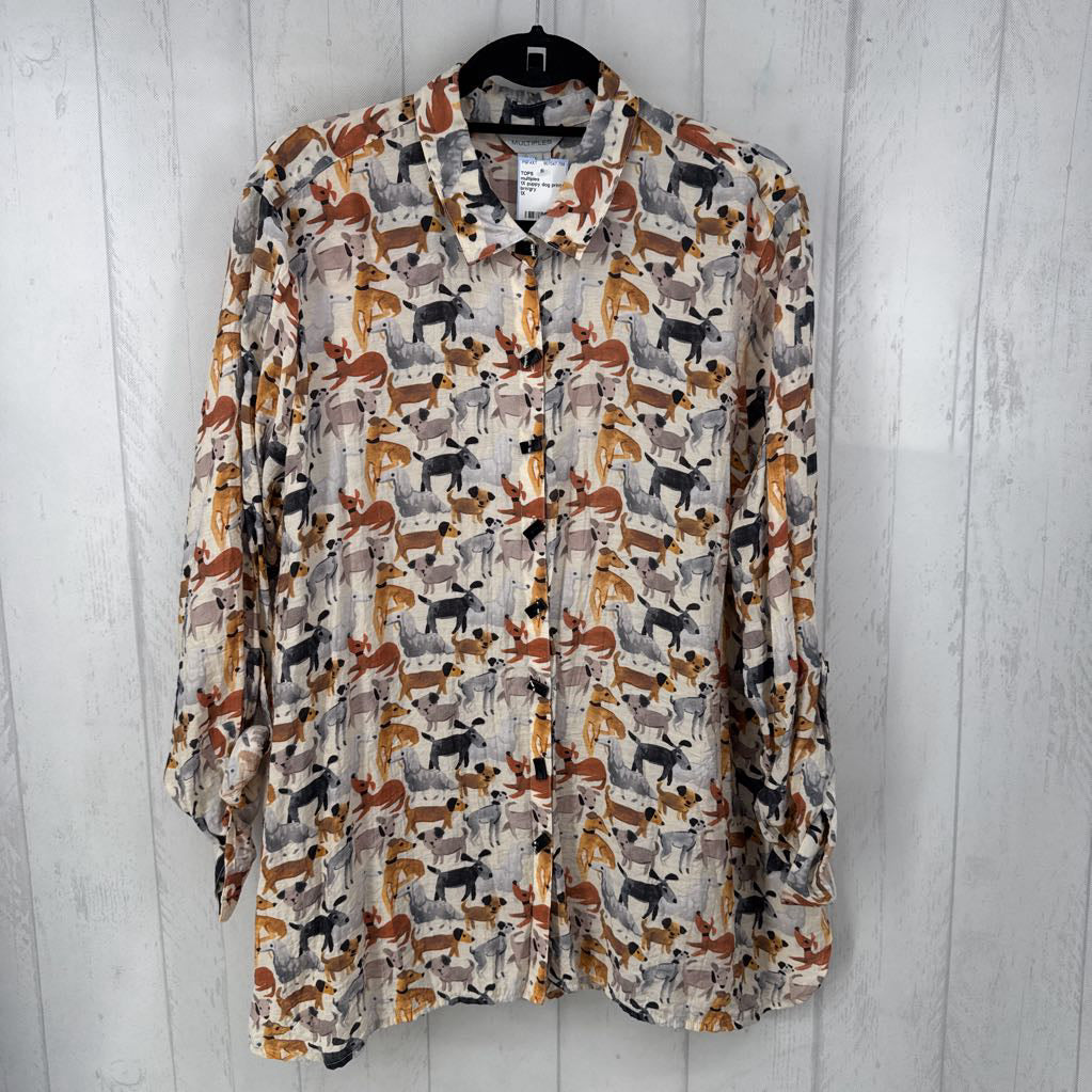 1X puppy dog print button down l/s top