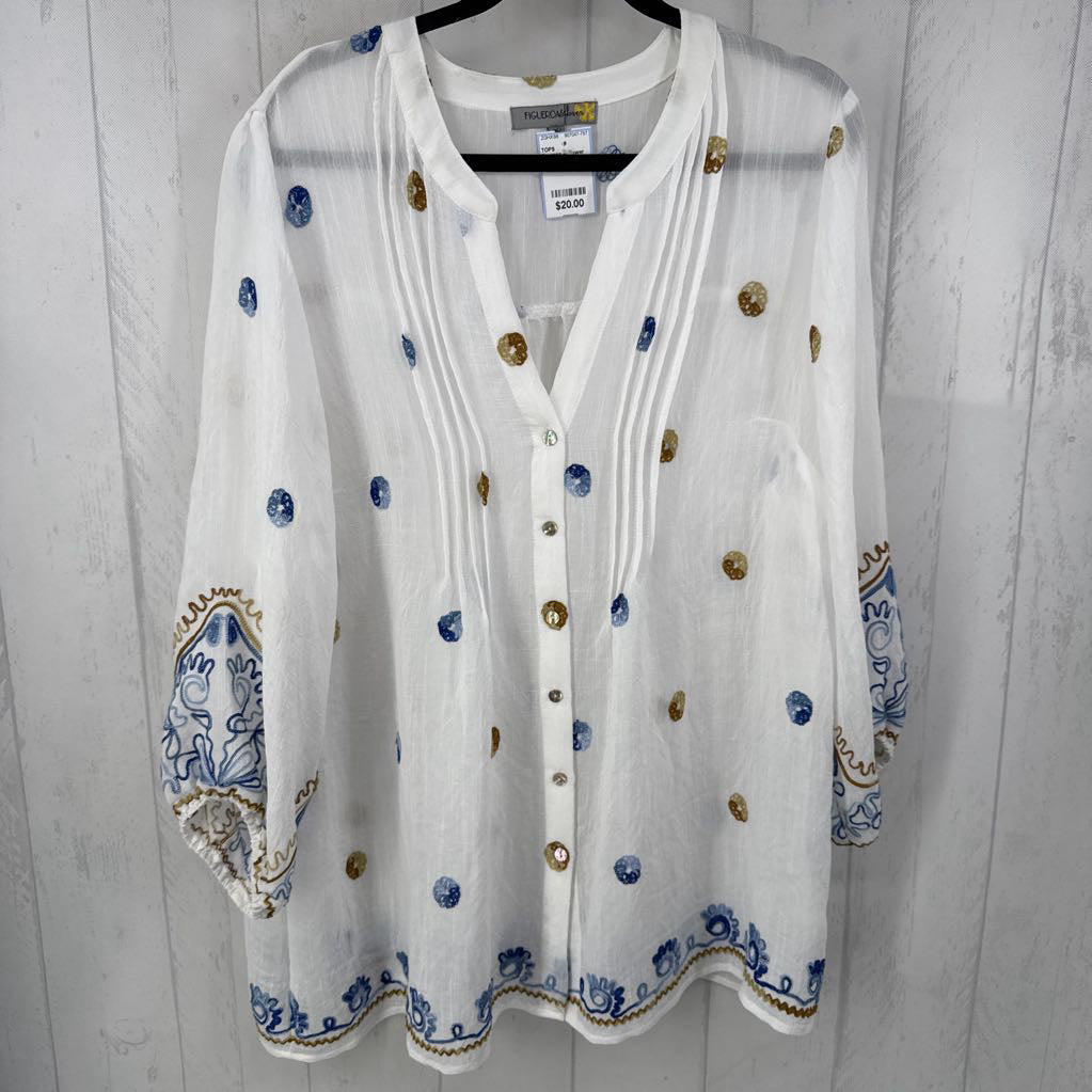 2X semi sheer embroidered button down 3/4 slv top