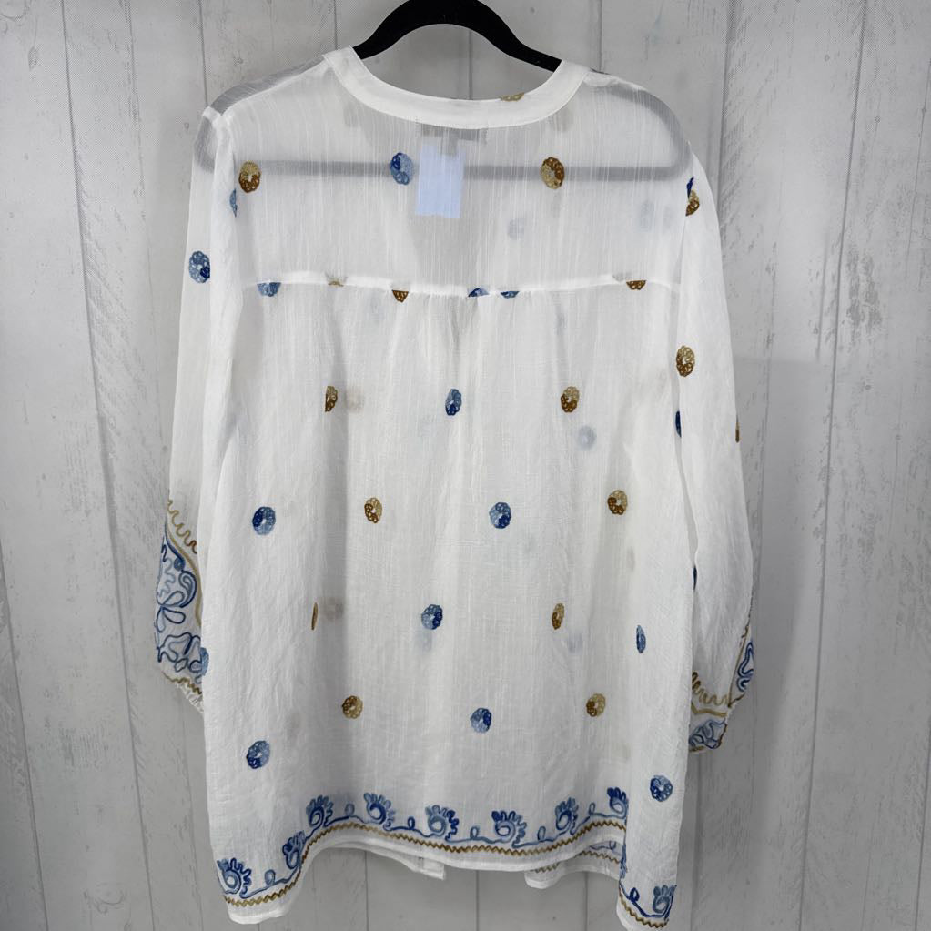 2X semi sheer embroidered button down 3/4 slv top