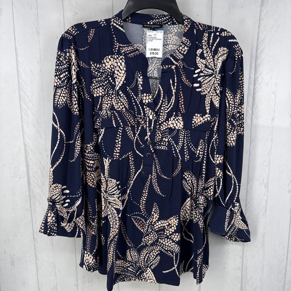 L printed 1/2 button down tab slv top