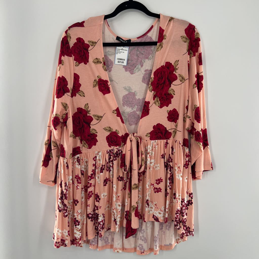 3X flo print tie front 3/4 slv cardi