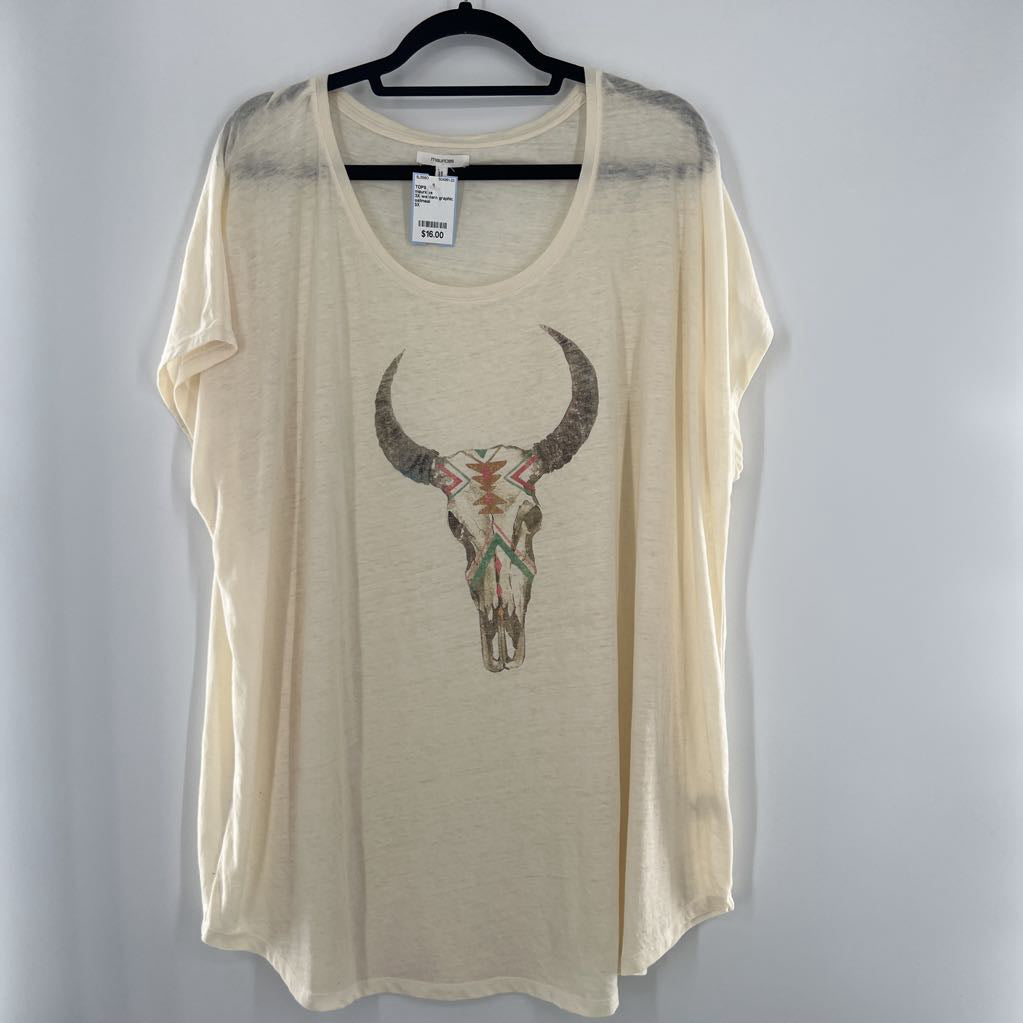 3X western graphic cap slv top