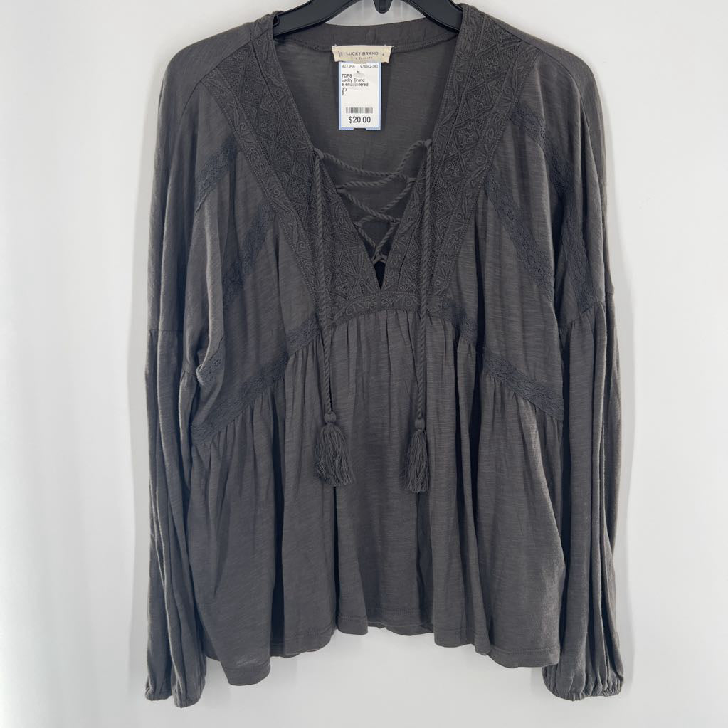 S embroidered tassel tie l/s top