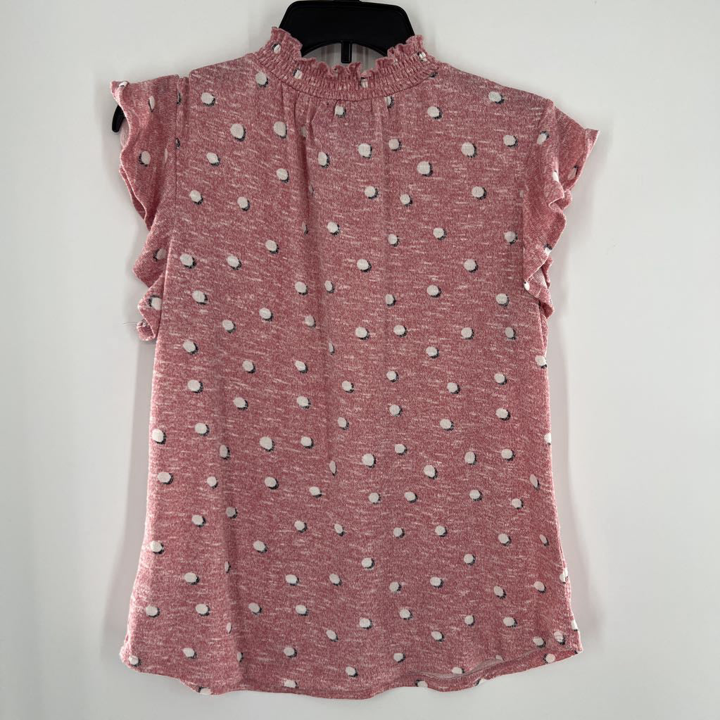 M polka dot mock neck flutter slv top