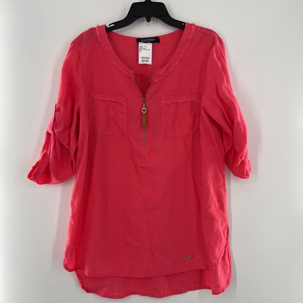 M linen 1/2 zip tab slv top