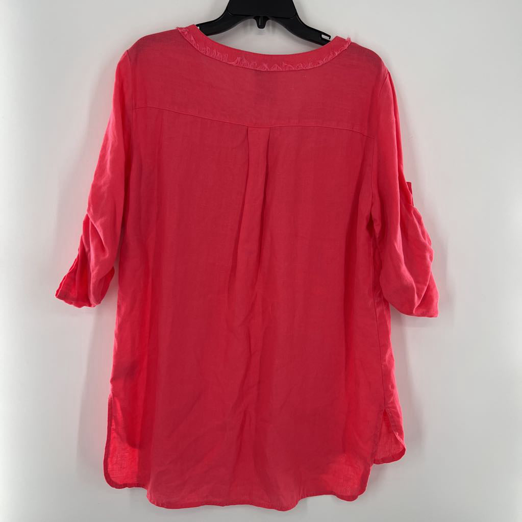 M linen 1/2 zip tab slv top