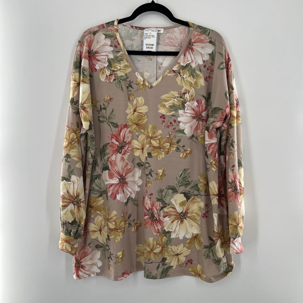1X flo print v-neck l/s top