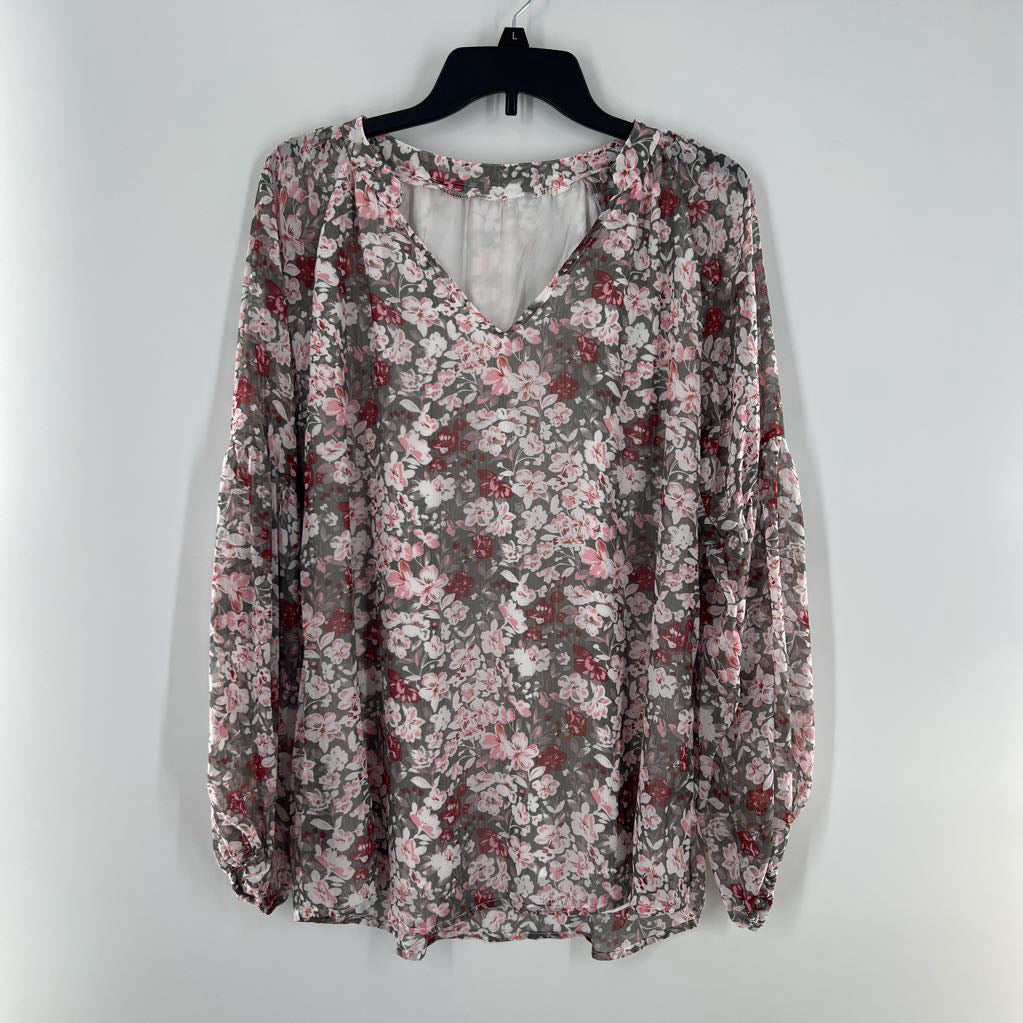 L flo print v-neck l/s top