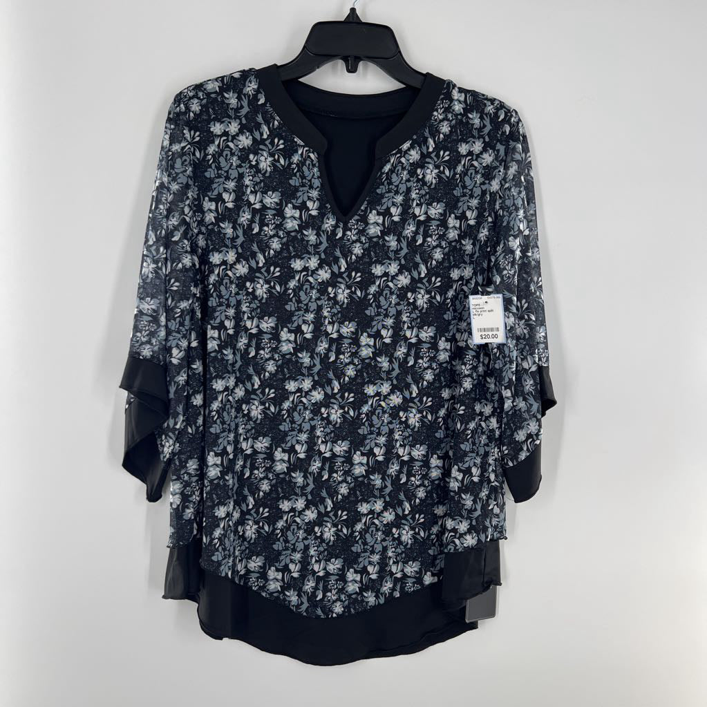 L flo print split neck 3/4 slvtop