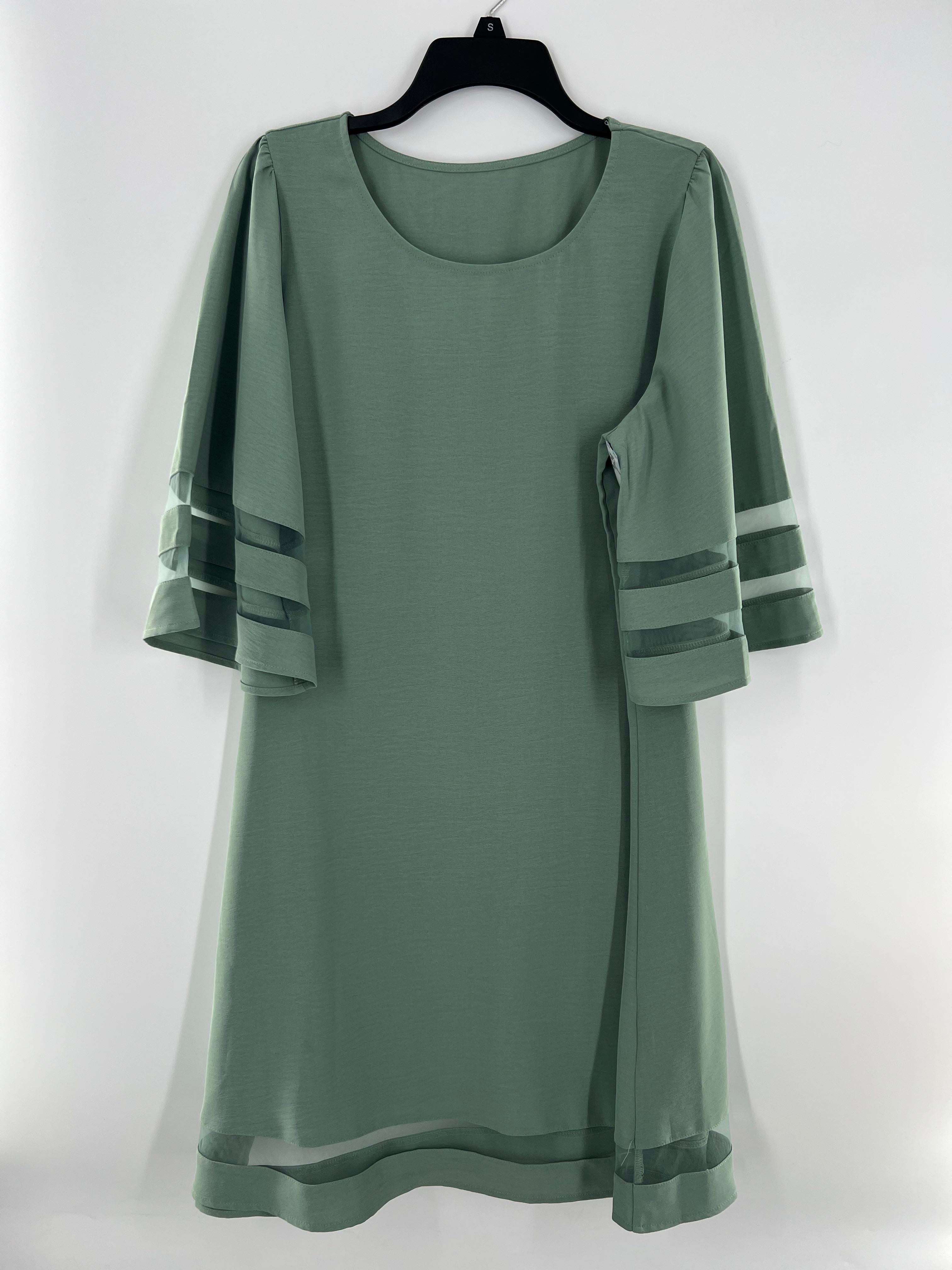 L round neck sheer striped trim elbow slv dress