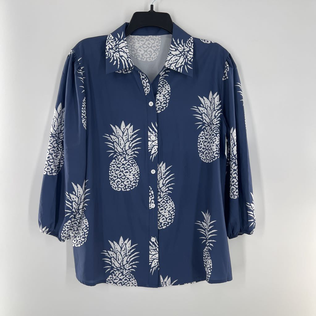 M pineapple print button down l/s top