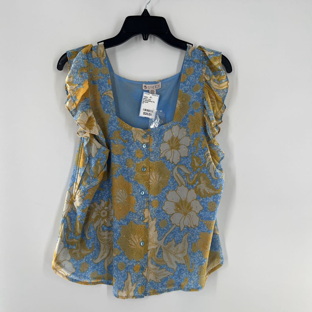 M embelished flo print ruffled slv top