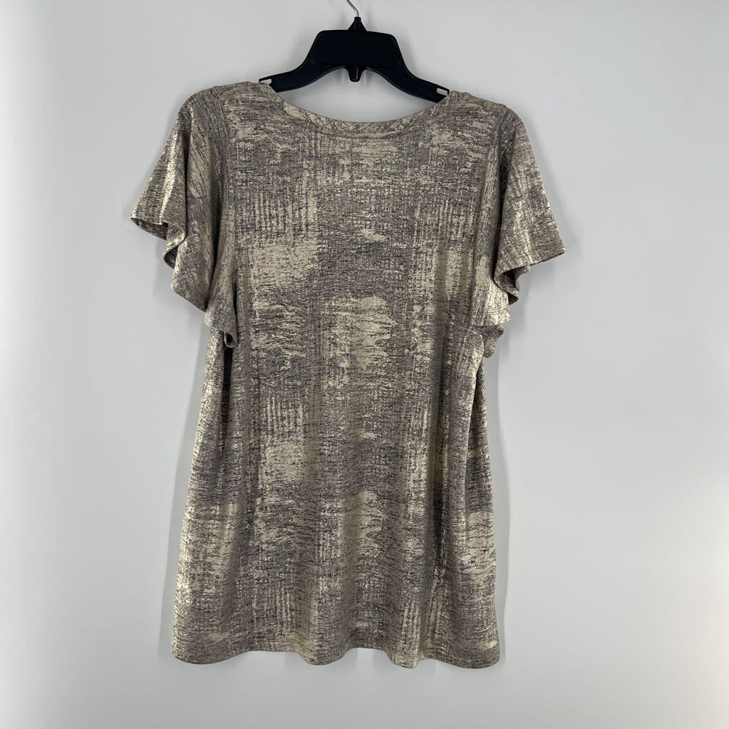 L metallic round neck flutter slv top
