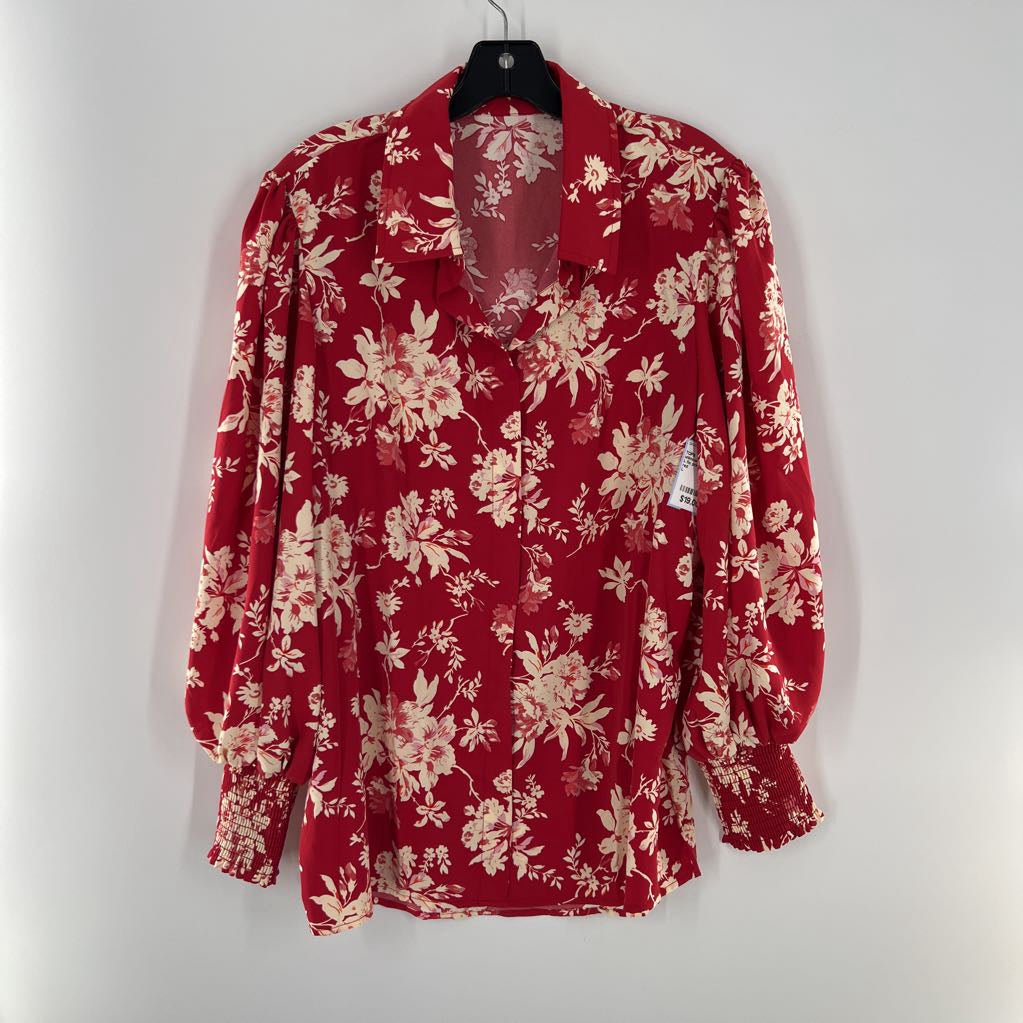 L flo print button down l/s top