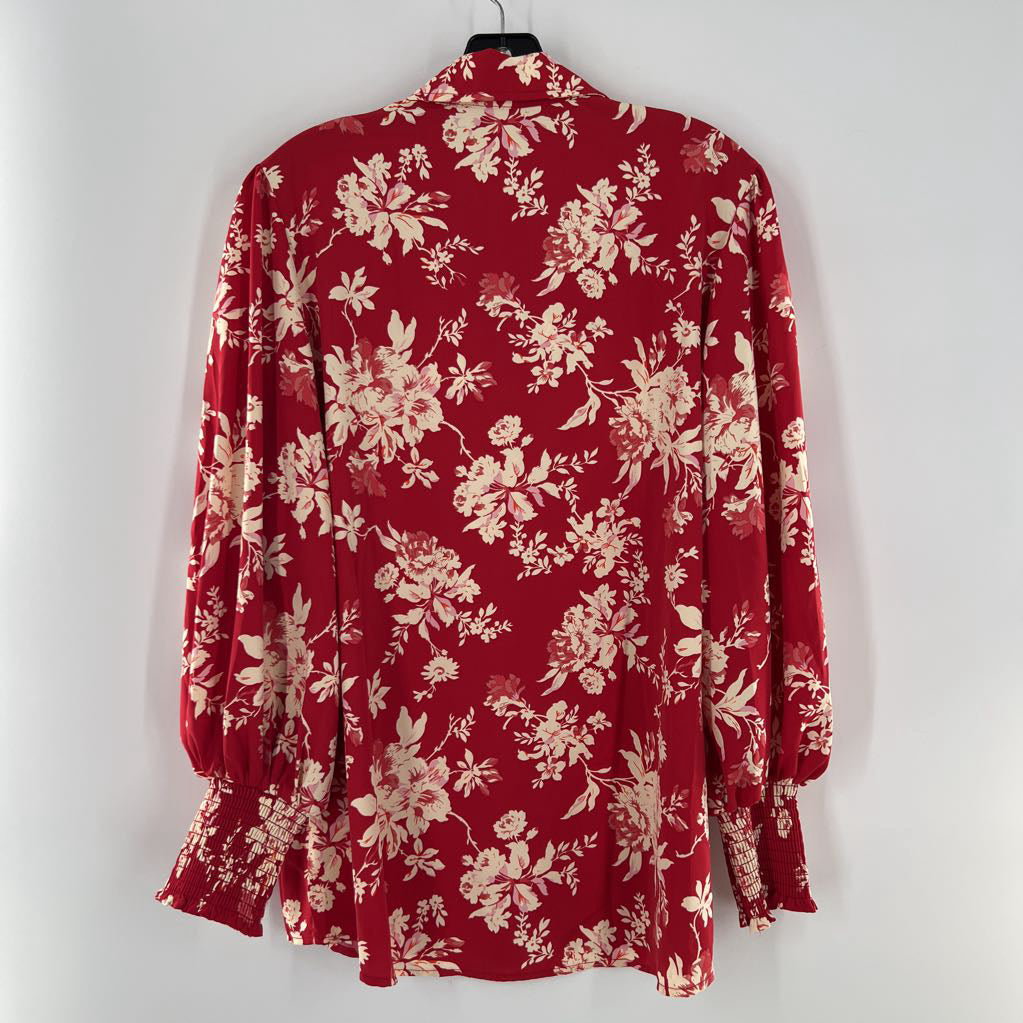L flo print button down l/s top