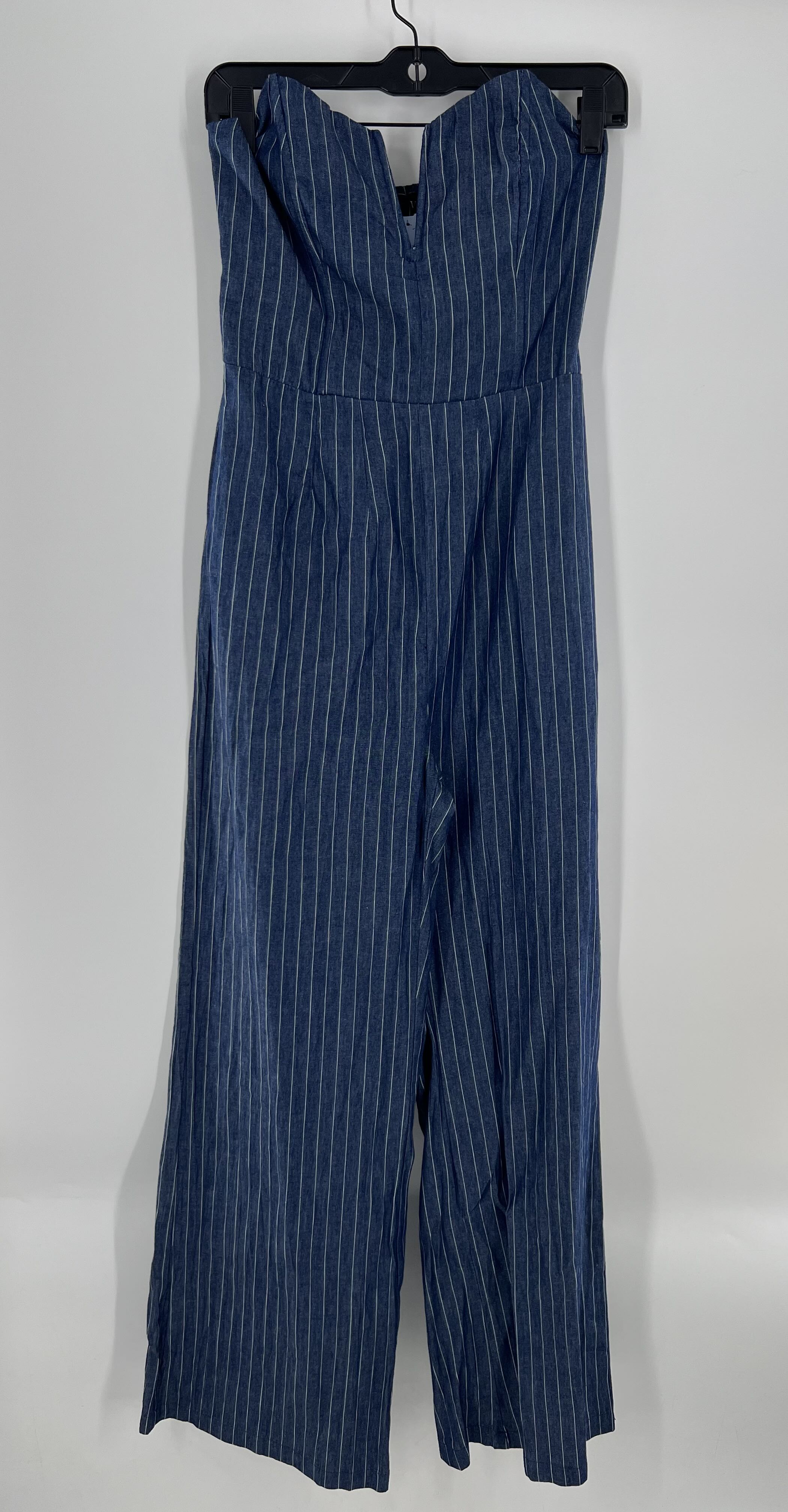 S pinstripe denim slvls jumpsuiy