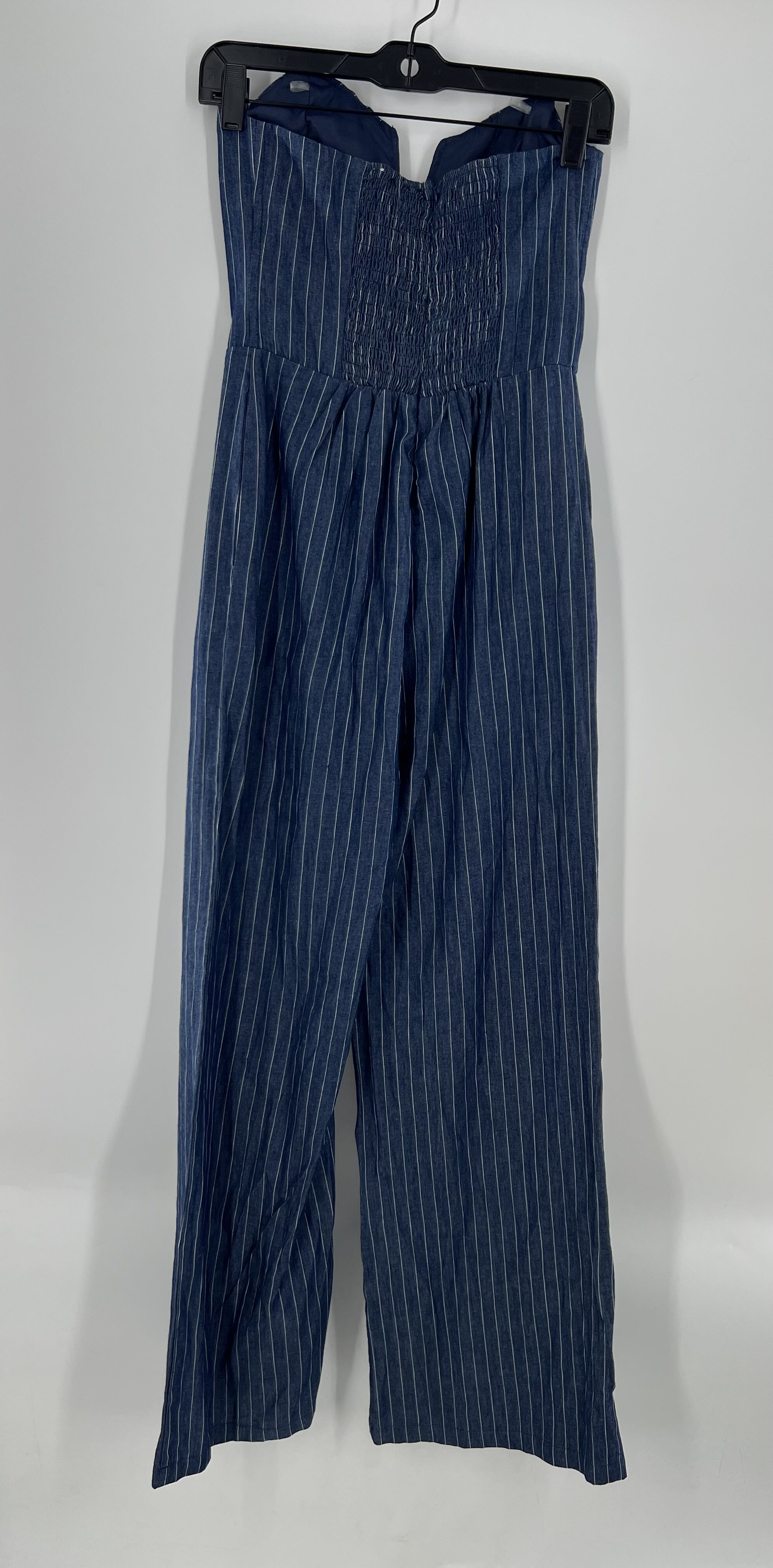 S pinstripe denim slvls jumpsuiy