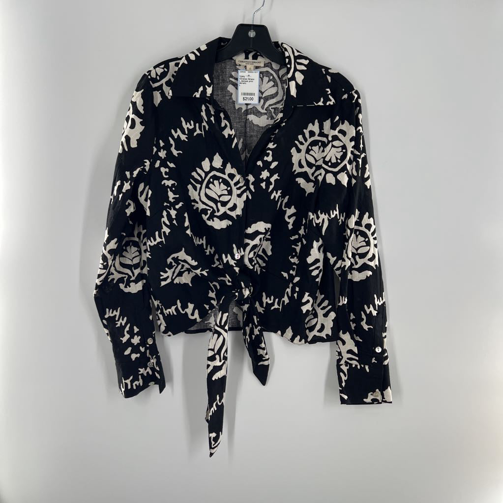 L damask print button down tie front l/s top