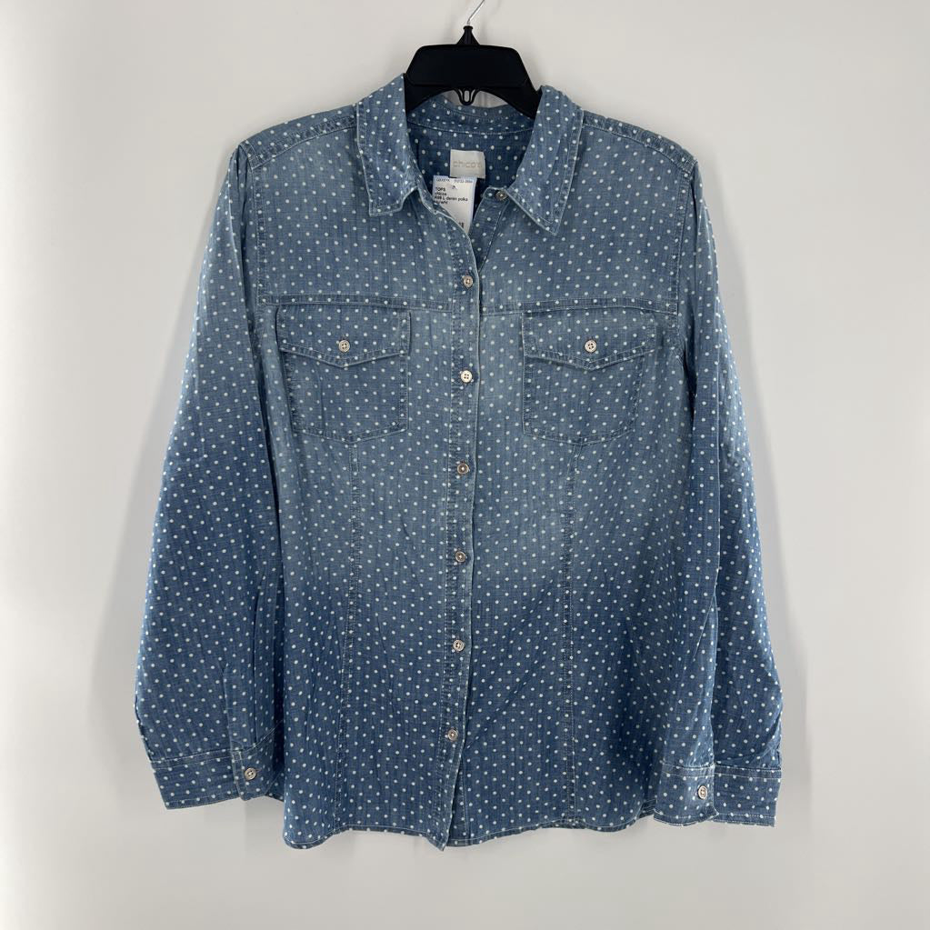 R89 L denim polka dot button down l/s top