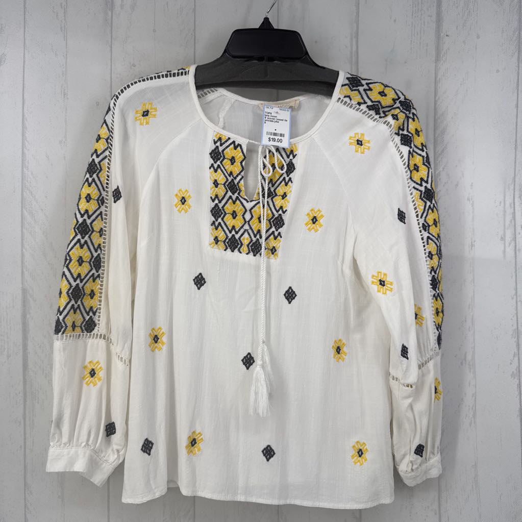S woven tassel tie l/s top