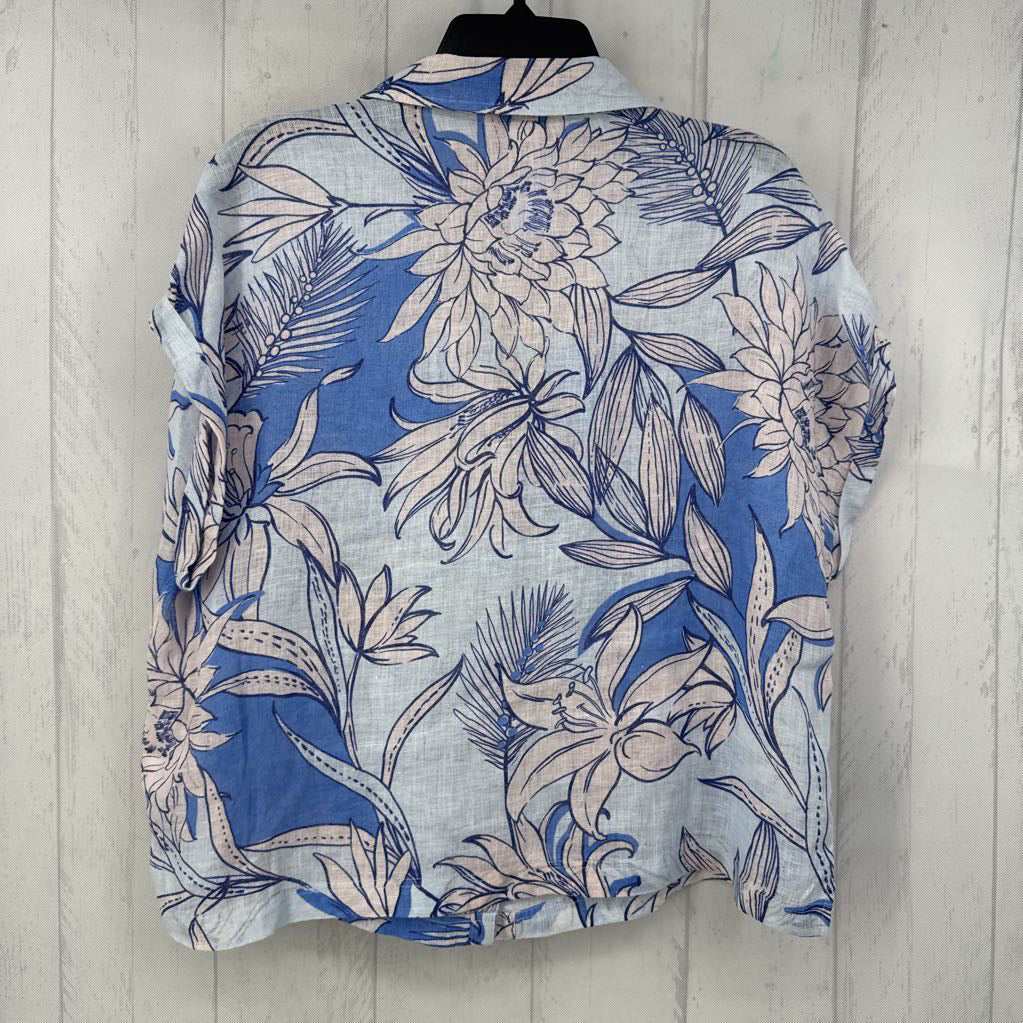 L cuff s/s 100% linen flower print button shirt