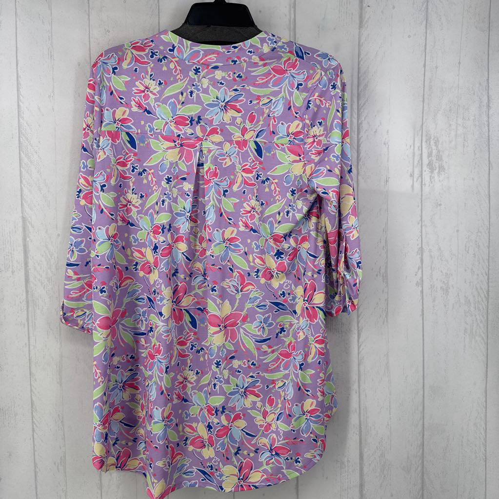M split neck flo print tab slv top