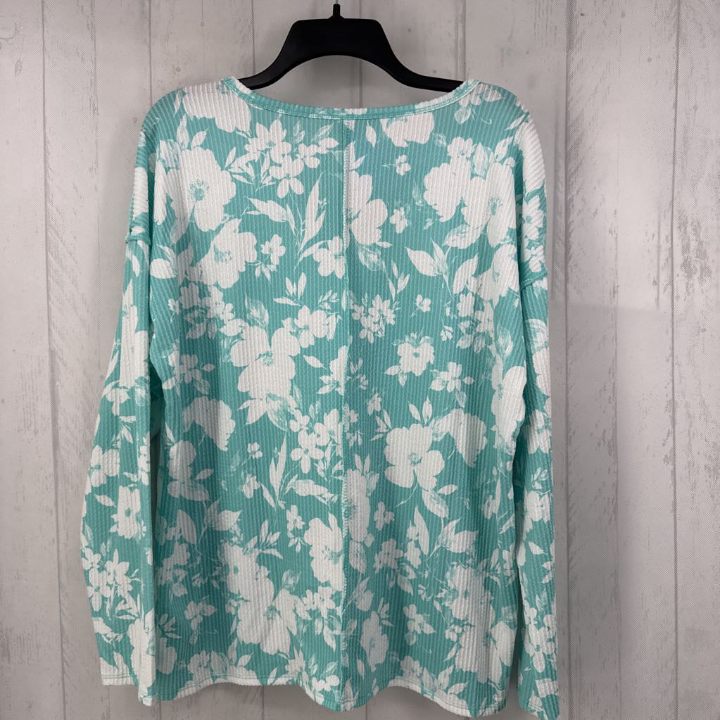 L ribbed flo print split neck l/s top