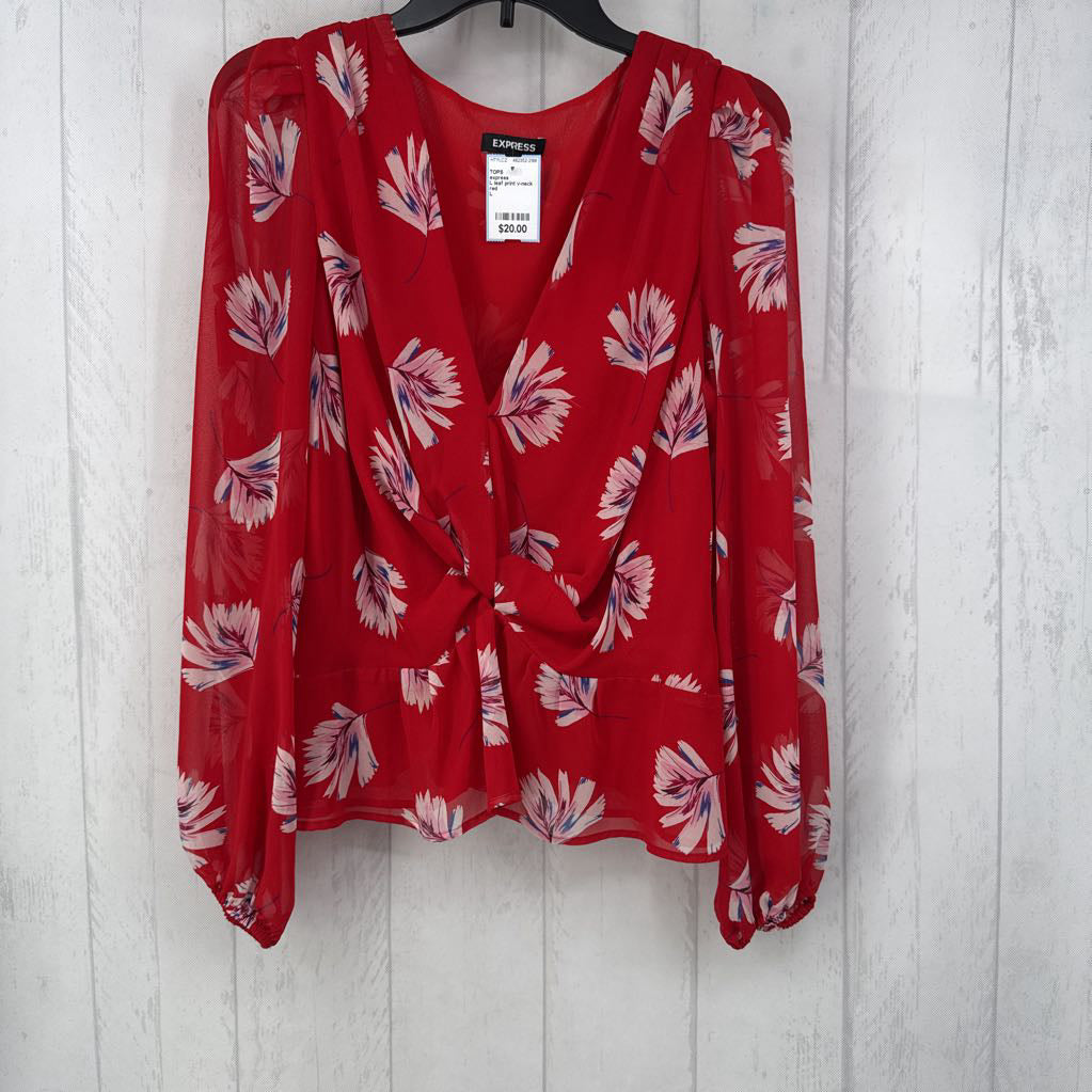 L leaf print v-neck gathered l/s top