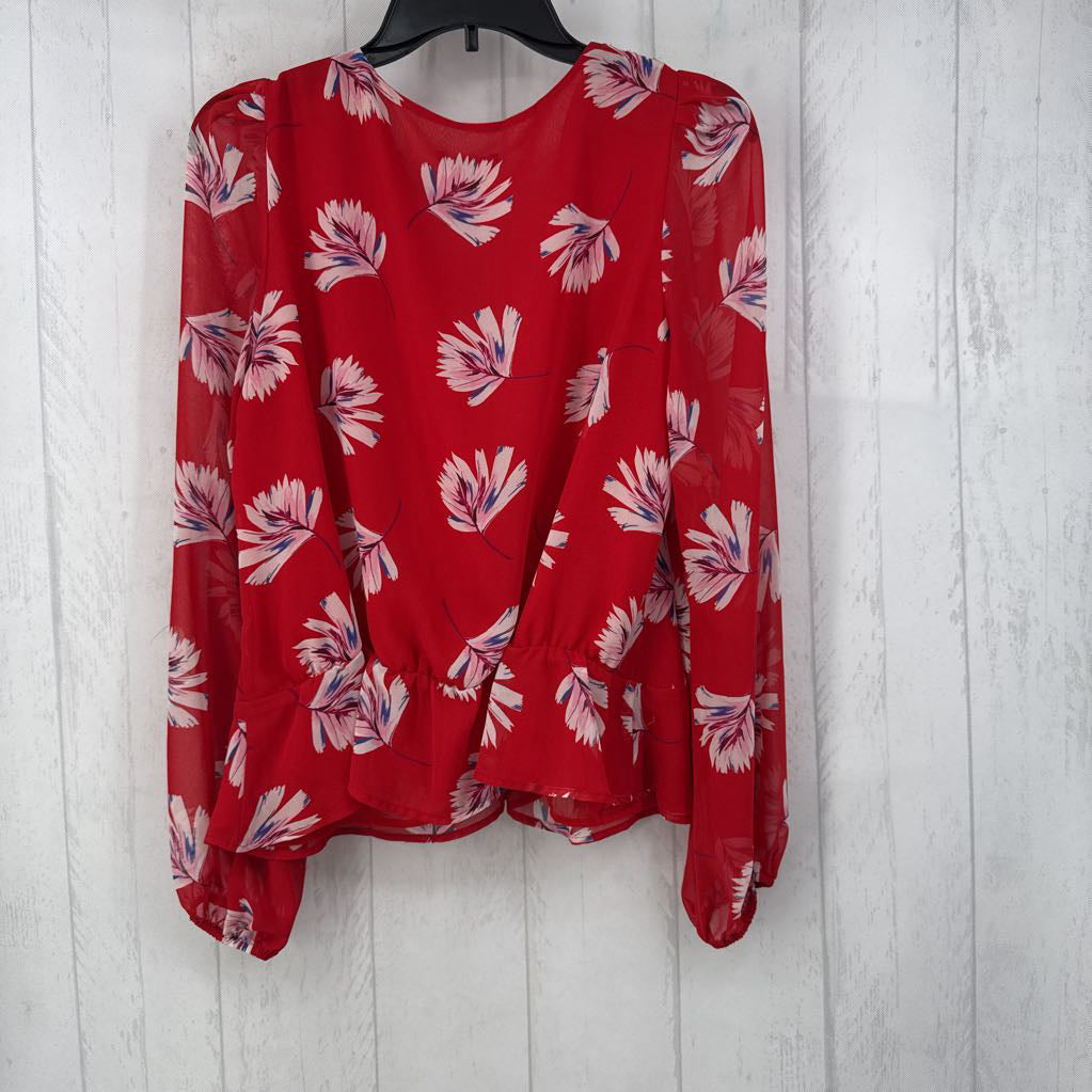 L leaf print v-neck gathered l/s top