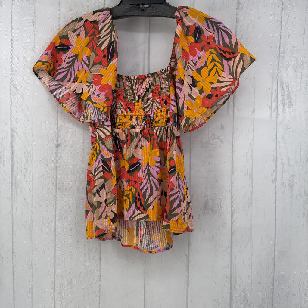 XS flo print bow front s/s top