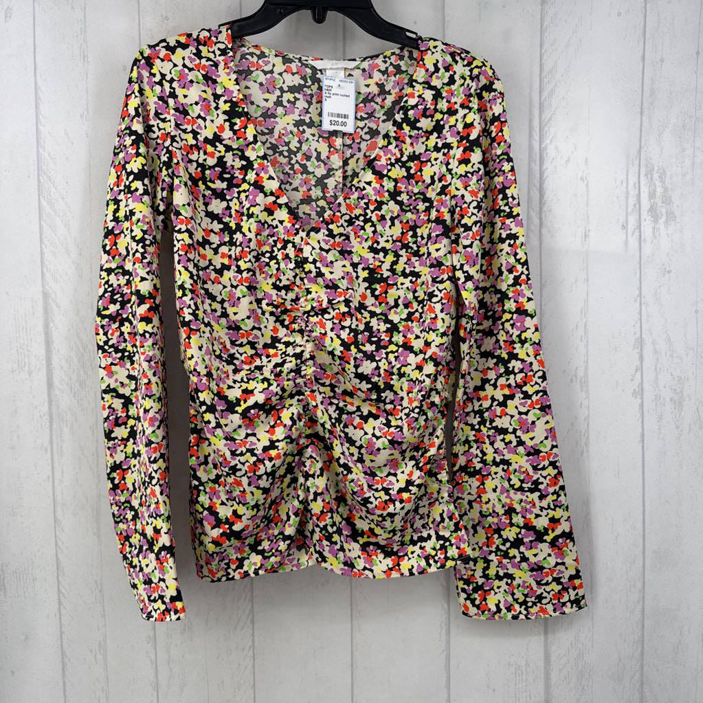 S flo print ruched v-neck l/s top